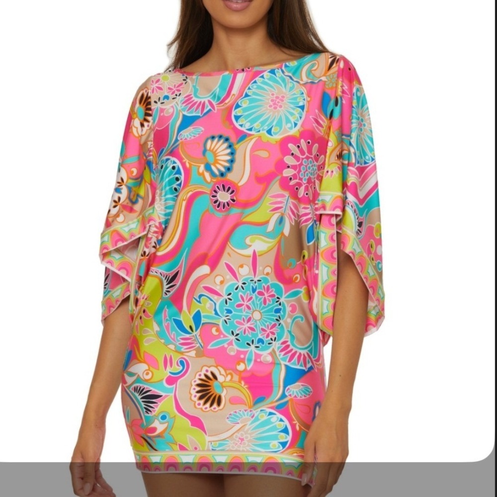 Trina Turk Tunic Cover Up Small Pink Floral Psychedelic Dolman Sleeve Swim Spa